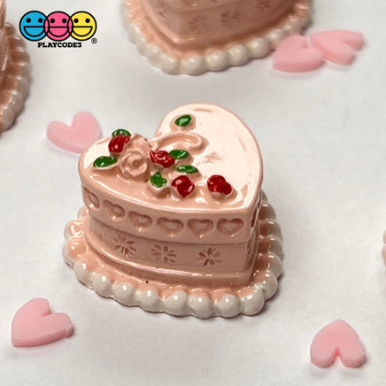 Heart Shaped Pink Mini Decorated Flowers Cake Charm Valentines Day Charms Decoden Cabochons 5 Pcs