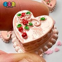 Heart Shaped Pink Mini Decorated Flowers Cake Charm Valentines Day Charms Decoden Cabochons 5 Pcs