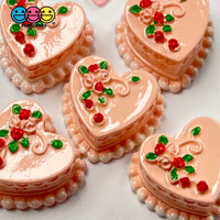 Heart Shaped Pink Mini Decorated Flowers Cake Charm Valentines Day Charms Decoden Cabochons 5 Pcs