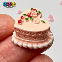 Heart Shaped Pink Mini Decorated Flowers Cake Charm Valentines Day Charms Decoden Cabochons 5 Pcs