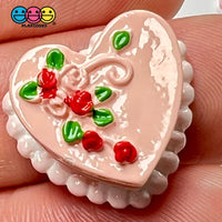 Heart Shaped Pink Mini Decorated Flowers Cake Charm Valentines Day Charms Decoden Cabochons 5 Pcs