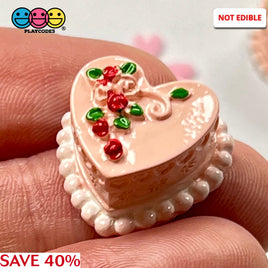 Heart Shaped Pink Mini Decorated Flowers Cake Charm Valentines Day Charms Decoden Cabochons 5 Pcs