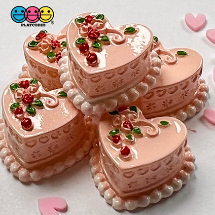 Heart Shaped Pink Mini Decorated Flowers Cake Charm Valentines Day Charms Decoden Cabochons 5 Pcs