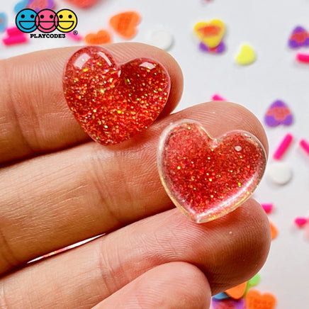 Heart Shaped Translucent Glitter Filled Red Hearts Charm Valentines Day Cabochons 10 Pcs