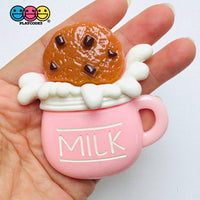 Large Milk Mug with Chocolate Chip Cookie Fake Food Flatback Charms Craft Supply - pink - Fake Food