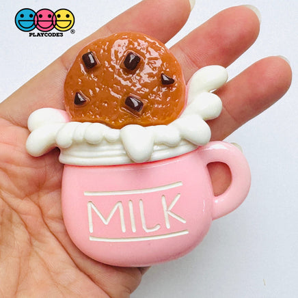 Large Milk Mug with Chocolate Chip Cookie Fake Food Flatback Charms Craft Supply - pink - Fake Food
