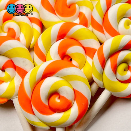 Lollipop Orange Yellow Swirl Fake Food Charm Lollipops Polymer Clay Bake Cabochons 10 Pcs