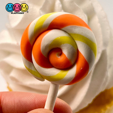 Lollipop Orange Yellow Swirl Fake Food Charm Lollipops Polymer Clay Bake Cabochons 10 Pcs