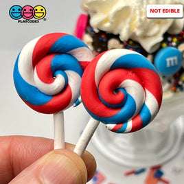 Lollipop Red White And Blue Swirl Fake Food Charm Patriotic 4Th Of July Resin Bake Cabochons 10 Pcs