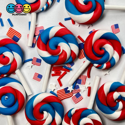 Lollipop Red White And Blue Swirl Fake Food Charm Patriotic 4Th Of July Resin Bake Cabochons 10 Pcs