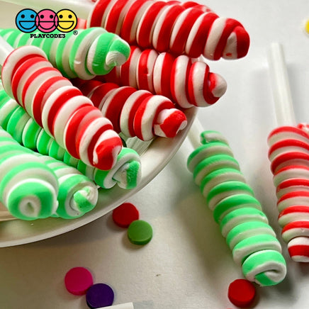 Lollipop Swirl Christmas Red Green Faux Candy Charm Fake Bake Cabochons 12 Pcs Food