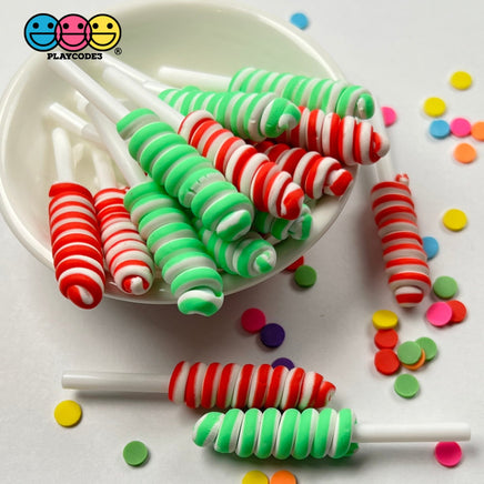 Lollipop Swirl Christmas Red Green Faux Candy Charm Fake Bake Cabochons 12 Pcs Food