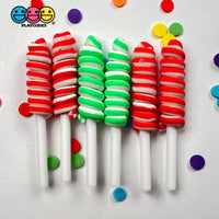Lollipop Swirl Christmas Red Green Faux Candy Charm Fake Bake Cabochons 12 Pcs Food