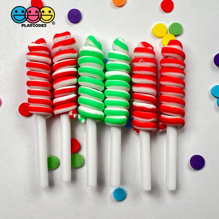 Lollipop Swirl Christmas Red Green Faux Candy Charm Fake Bake Cabochons 12 Pcs Food