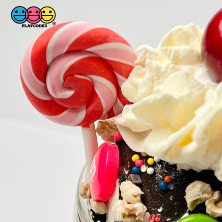 Lollipop Peppermint Swirl Red Pink Fake Food Charm Lollipops Polymer Clay Bake Cabochons 10 Pcs