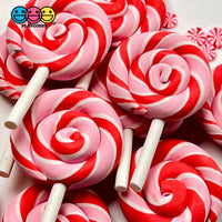 Lollipop Peppermint Swirl Red Pink Fake Food Charm Lollipops Polymer Clay Bake Cabochons 10 Pcs