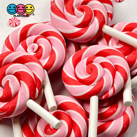 Lollipop Peppermint Swirl Red Pink Fake Food Charm Lollipops Polymer Clay Bake Cabochons 10 Pcs