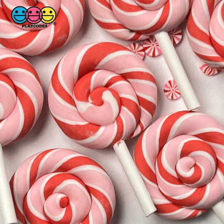 Lollipop Peppermint Swirl Red Pink Fake Food Charm Lollipops Polymer Clay Bake Cabochons 10 Pcs