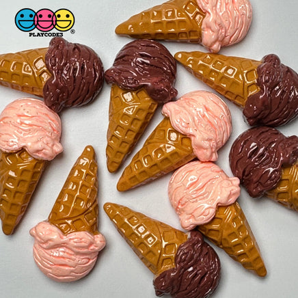 Fake Ice Cream Cone Chocolate And Strawberry Scoop Flatback Cabochons Decoden Charm 10 Pcs