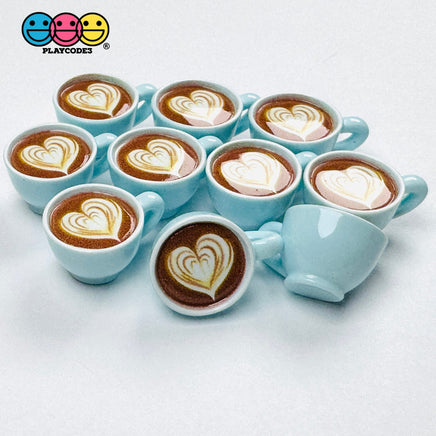 Pastel Blue Espresso Latte Cup with Flower Art Fake Food Charms 10pcs - Fake Food