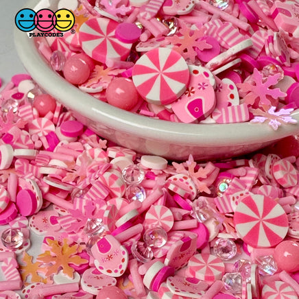 Pink Christmas Festival Snow Flake Peppermint Candy Cane Gingerbread House Glitter Rhine Stone Fake
