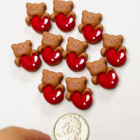 Bear Heart Flat-Back Charms Valentine’s Day Holiday Cute Red Kawaii Slime Supplies Fake Bake Cabochons Decoden 10 pcs