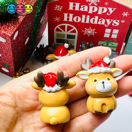 Reindeer 3D Charm With Santa Hat Christmas Miniature Resin Home Décor Accessories Cabochons 5 Pc