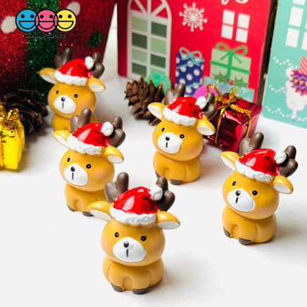 Reindeer 3D Charm With Santa Hat Christmas Miniature Resin Home Décor Accessories Cabochons 5 Pc