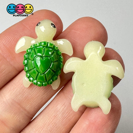 Sea Turtle With Green Heart Design Shell Tortoise Charm Decoden Cabochons 10 Pcs