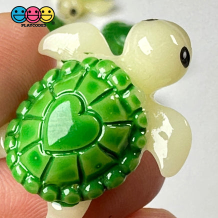 Sea Turtle With Green Heart Design Shell Tortoise Charm Decoden Cabochons 10 Pcs