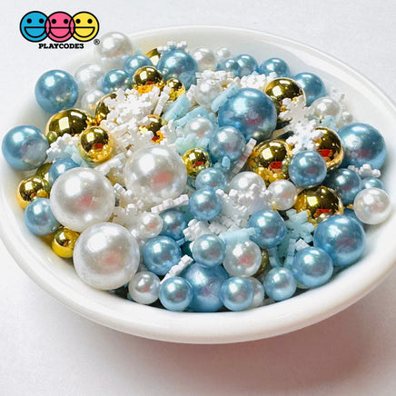 Snow Flake Winter Holiday Gold Blue 6/4/2Mm Pearl Beads 5Mm Fake Clay Sprinkles Decoden Fimo