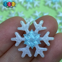 10/25Pcs Snow Flake Glitter Flat Back Charms White Blue Snow Flake Charm