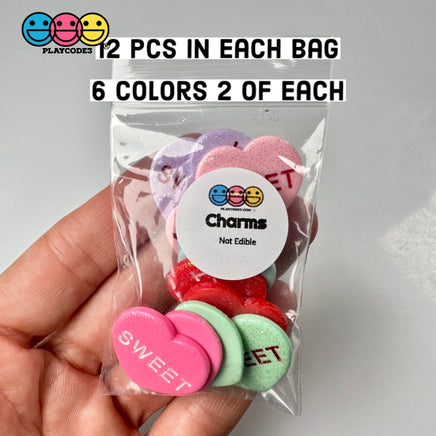 Sweet Tart Heart Glitter Shape Fake Candy Charm Flat Back Cabochons Decoden 6 Colors 12 Pcs