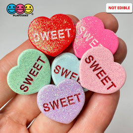 Sweet Tart Heart Glitter Shape Fake Candy Charm Flat Back Cabochons Decoden 6 Colors 12 Pcs