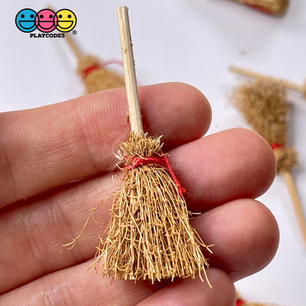 Brooms Miniature Wood And Hay Red Ribbon Halloween Witches Broom Charm Cabochons 10 Pcs