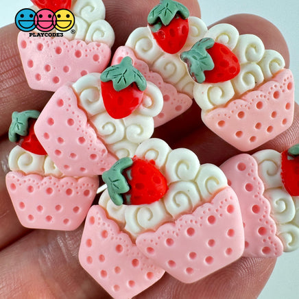 Whimsical Strawberry Charm Cupcake Pink Fake Food Flatback Cabochons Decoden 10 Pcs