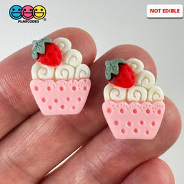 Whimsical Strawberry Charm Cupcake Pink Fake Food Flatback Cabochons Decoden 10 Pcs