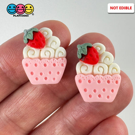 Whimsical Strawberry Charm Cupcake Pink Fake Food Flatback Cabochons Decoden 10 Pcs
