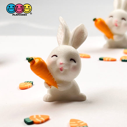 White Bunny Rabbit With Carrot Figurine Easter Cute Figurines Plastic Resin 5 Pcs