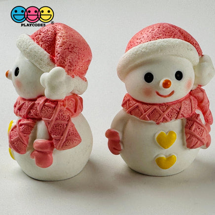 Winter Snowman Figurines Pink Blue Christmas Holiday Miniature Figures 4Pcs 3D Cabochons Decoden