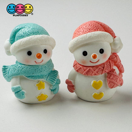 Winter Snowman Figurines Pink Blue Christmas Holiday Miniature Figures 4Pcs 3D Cabochons Decoden