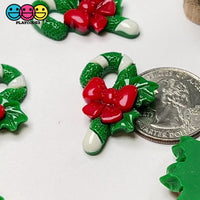 Candy Cane Christmas Green White Red Bow Glitter Flatback Charm Cabochons 10 pcs
