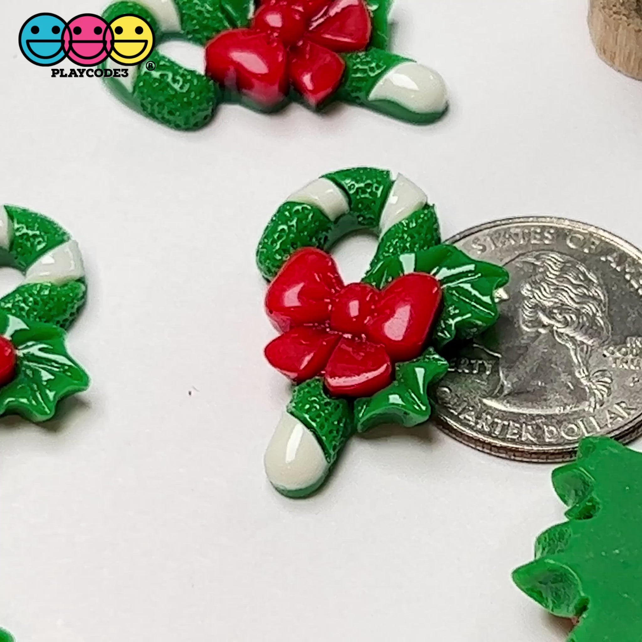 Candy Cane Christmas Green White Red Bow Glitter Flatback Charm Cabochons  10 pcs