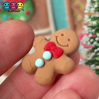 Gingerbread Man with Red Bow and Blue Gumdrop buttons Fake Cookie Charm Christmas Cabochons 10 pcs